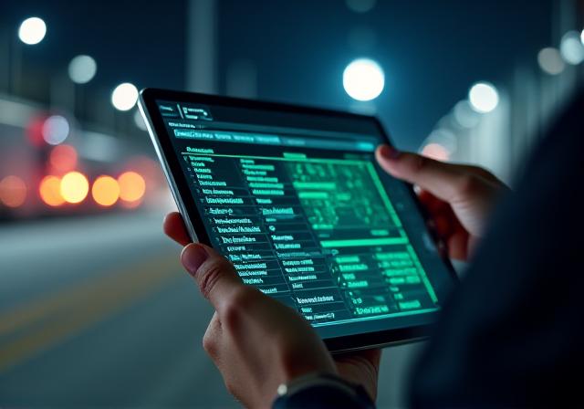 A transportation safety inspector reviewing digital logs on a tablet